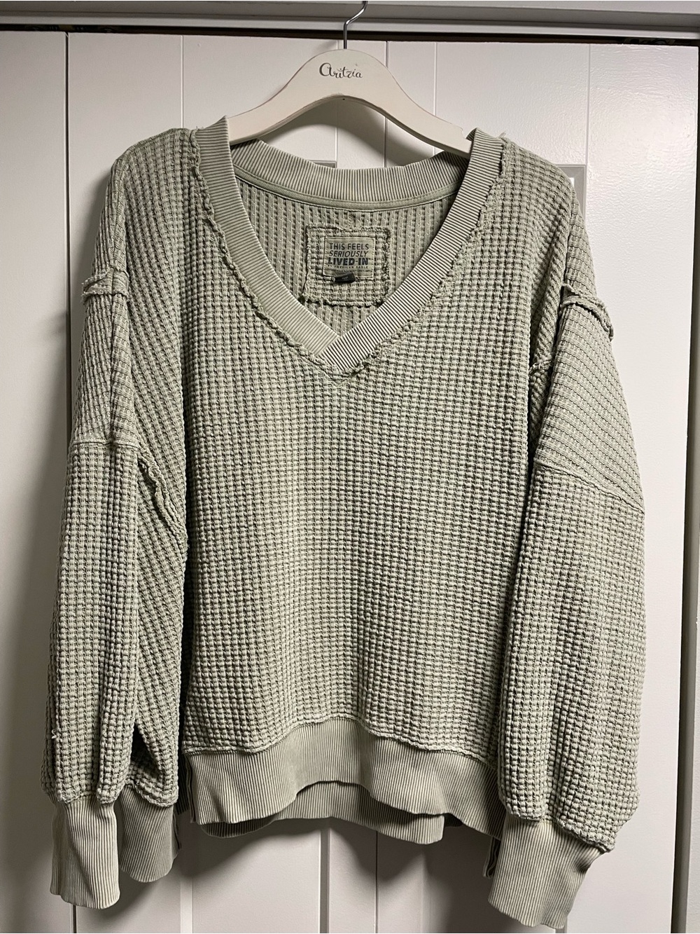 American Eagle This Feels Seriously Lived-In V-Neck Waffle Knit Thermal Sweater